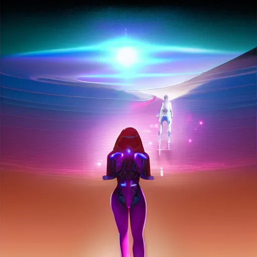 Image similar to A wide angle shot from below of a feminine body walking with swagger towards camera on mars in an infinite universe , synthwave digital art