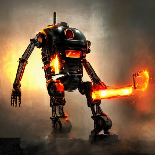 Image similar to toaster oven terminator robot, dark messy smoke - filled cluttered workshop, dark, dramatic lighting, orange tint, sparks, plasma charge, cinematic, highly detailed, sci - fi, futuristic, movie still