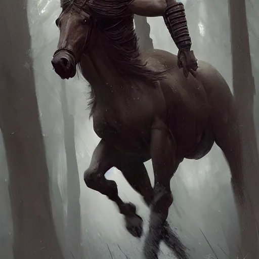 Prompt: Adam Driver as a centaur warrior, human torso on a horse body, galloping through the forest, digital art, fantasy art by Greg Rutkowski