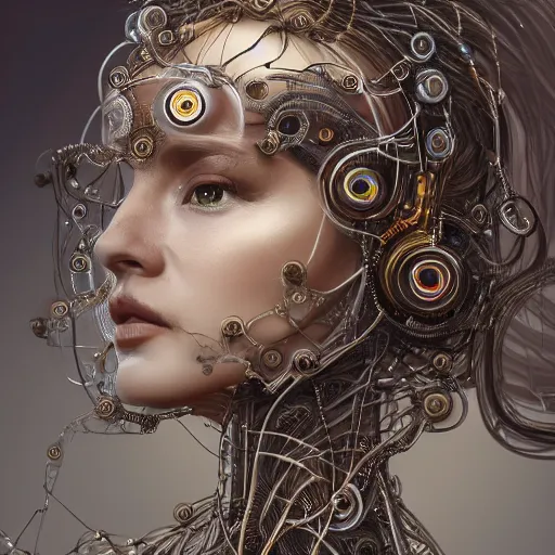 Prompt: very beautiful woman integrating with technology, full face frontal centered, portrait, insipiring, detailed intricate ornate cables connected to head, big open electric eyes, luxurious detailed abundent wiring and implants, renaissance, sci - fi, detailed technology background with cyber flowers and insects, dramatic lighting, photography, highly detailed, artstation, 8 k,