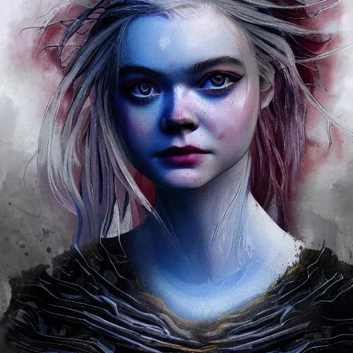 Prompt: Elle Fanning in the painted world of Dark Souls, head and shoulders masterpiece, apocalypse, golden hour, cosmic horror, artstation, in the style of De Stijl, extremely detailed