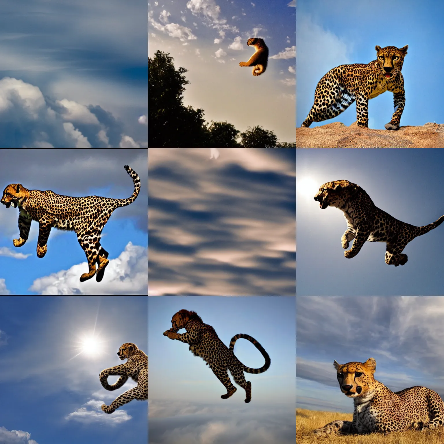 Prompt: Image of a cheeta in the sky jumping between clouds as if they were solid