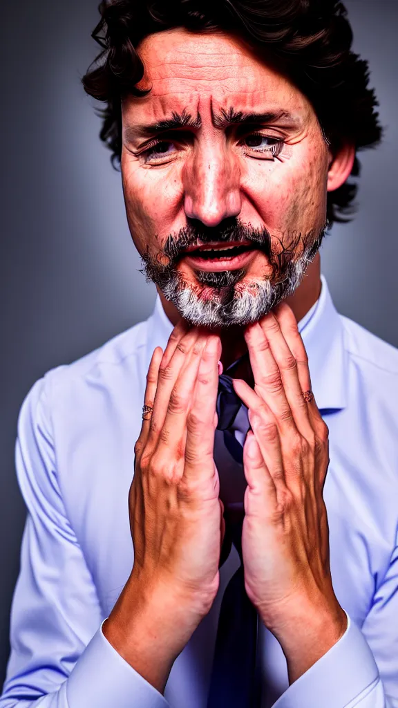 Image similar to Trudeau in a skirt crying , Studio lighting, shallow depth of field. Professional photography, lights, colors,4K