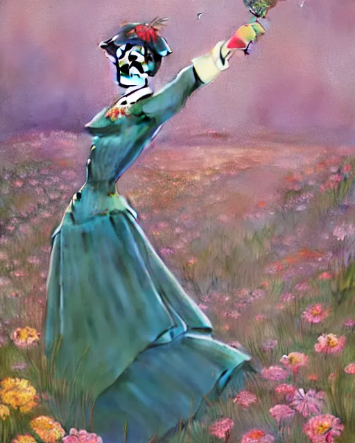 Image similar to Julie Andrews Mary Poppins from Disney 1964 dancing in a field full of flowers, D&D, fantasy, intricate, elegant, highly detailed, digital painting, artstation, concept art, matte, sharp focus, illustration, hearthstone, art by Artgerm and Greg Rutkowski and Alphonse Mucha