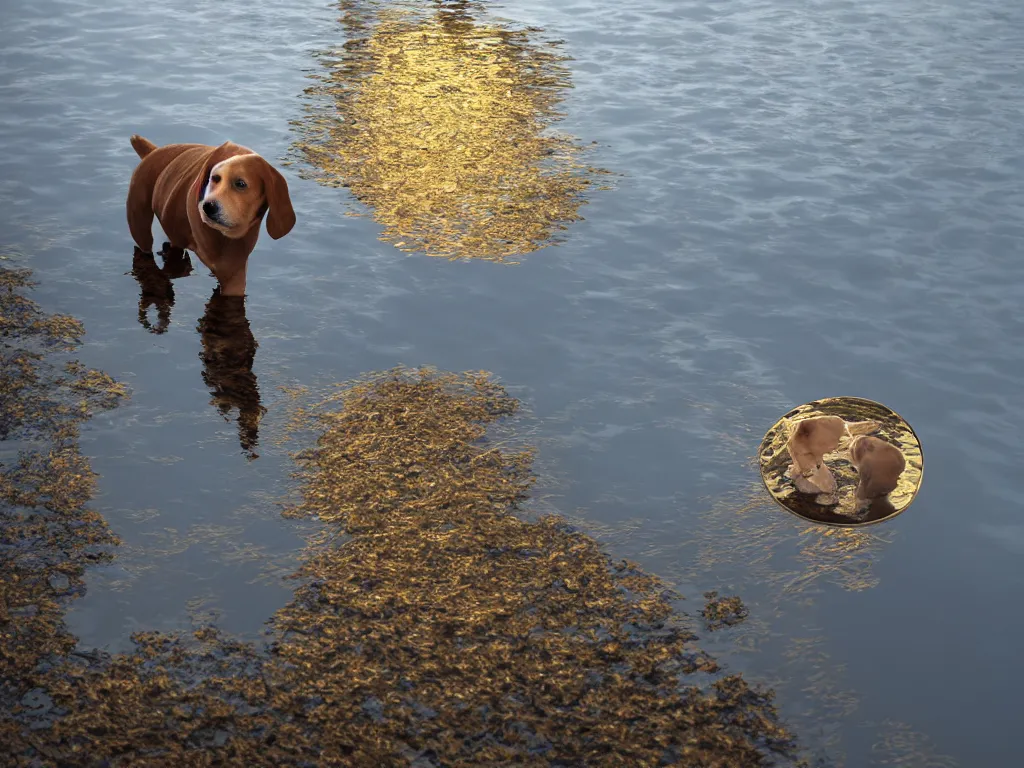 Image similar to a dog looking down at its reflection in water, ripples, river, beautiful!!!!!! swiss forest, photograph, golden hour, octane render, high resolution