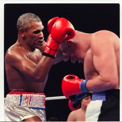 Image similar to polaroid of obama knocking out mike tyson in boxing match