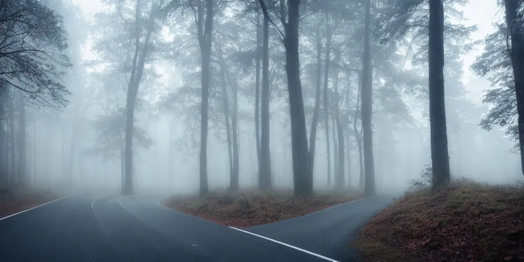 Image similar to road between tall trees, dense forest, dark night, fog, cold light