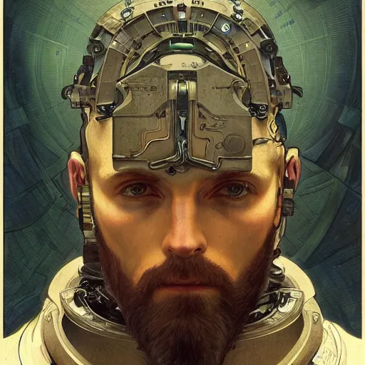 Image similar to portrait of bearded android, coy, circuitry visible in head, in the style of ex machina, karol bak, alphonse mucha, greg rutkowski, award winning, hr giger, artstation