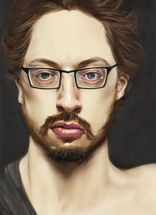 Prompt: portrait of Sam Hyde, sigma male, gigachad, medium black hair, Nordic crown, black luxurious suit, fantasy, intricate, elegant, realistic, highly detailed, digital painting, artstation, concept art, smooth, sharp focus, illustration, art by artgerm and greg rutkowski and alphonse mucha