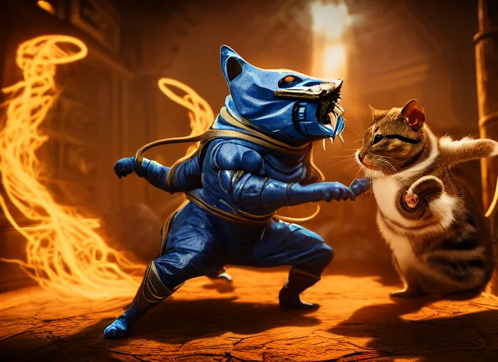 Image similar to hamster dressed as sub zero fights a cat dressed as scorpion in mortal kombat on the background of a laughing shao khan. fantasy magic style. highly detailed 8 k. intricate. lifelike. soft light. sony a 7 r iv 5 5 mm. unreal engine with nanite and path tracing