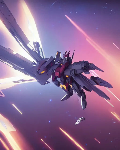 Image similar to highly detailed vfx portrait of a gundam with wings of feathers beam saber fighting in space with a beam gun, unreal engine, greg rutkowski, loish, rhads, beeple, makoto shinkai and lois van baarle, ilya kuvshinov, rossdraws, tom bagshaw, alphonse mucha, global illumination, detailed and intricate environment