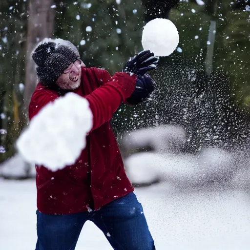 Prompt: a snowball falling on a man's head. the snowball is shattering into pieces.