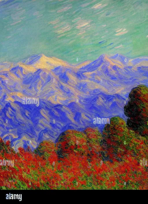 Prompt: a landscape of the andes mountain range of the city of santiago de chile impressionist painting by monet