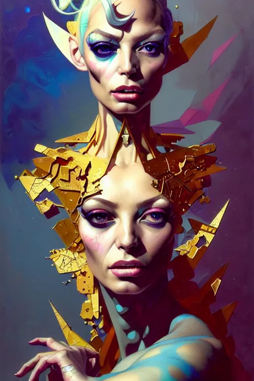Image similar to portrait of isabelledeltore, patchwork doll, cyberpunk, elegant baroque, asymmetrical art, hyperrealism, colorful, vivid, imposing, epic, abstract texture, gold leaf texture, artstation, concept art, by peter mohrbacher and wlop and rhads and artgerm and magali villeneuve and alphonse mucha