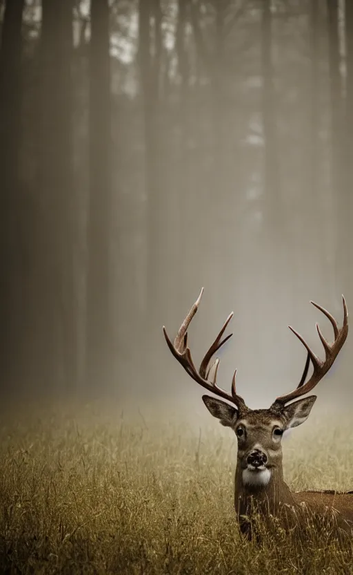 Prompt: a portrait of a mighty and wise deer king with antlers looking straight in the camera, there is tall grass, dark forest in the background, phenomenal photography, ambient light, sunrays from the left, fog, 8 5 mm f 1. 8, composition by robert capa