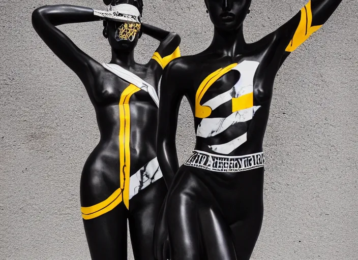 Image similar to black marble statue of a beautiful woman with colorful motocross logos in the style of virgil abloh, very very beautiful, detailed, off white, heron preston, 8 k, 4 k, detailed, beautiful, symmetrical, vogue, editorial, fashion, magazine, model