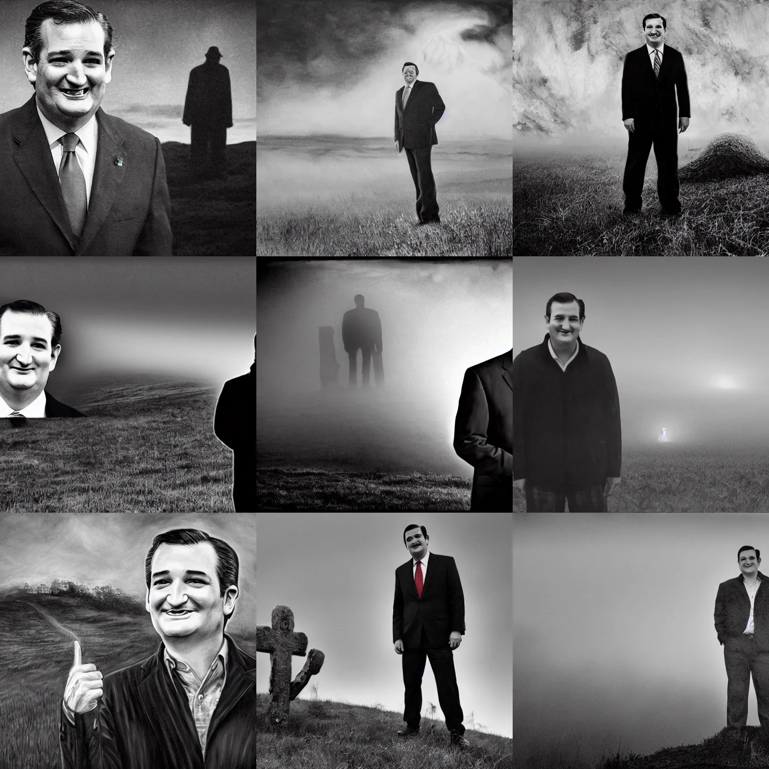 Prompt: Ted Cruz with a wide grin standing on a hill with a dead body in the background, black and white, creepy lighting, scary, horror, foggy atmosphere, ornate, eerie, fear, oil painting