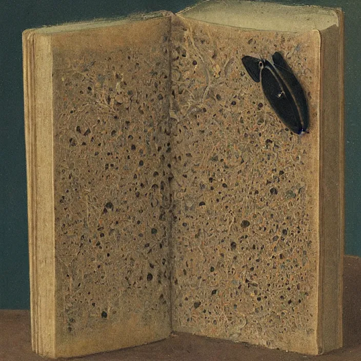 Image similar to a book with overgrown mold, moth. painting by frank sedlacek.