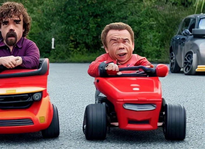 Image similar to peter dinklage and warwick davis driving a little tikes cars, movie still, from the new fast and furious movie, 8 k, realistic