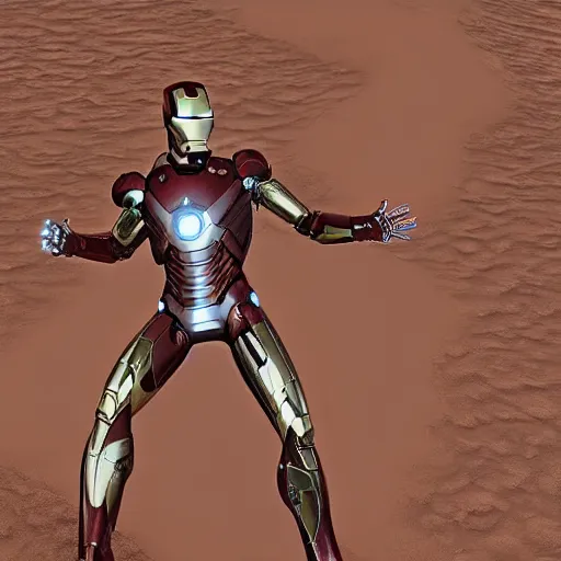 Image similar to iron man in the desert, metallic, photorealistic, shiny, sandy, sand everywhere, metal, rustic iron and copper, sand dunes, marvel