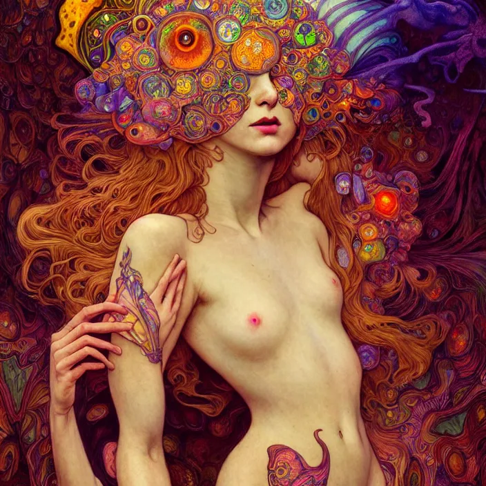 Image similar to extremely psychedelic warped LSD insanity, crazy divergent oddity, diffuse lighting, fantasy, intricate, elegant, highly detailed, lifelike, photorealistic, digital painting, artstation, illustration, concept art, smooth, sharp focus, art by John Collier and Albert Aublet and Krenz Cushart and Artem Demura and Alphonse Mucha