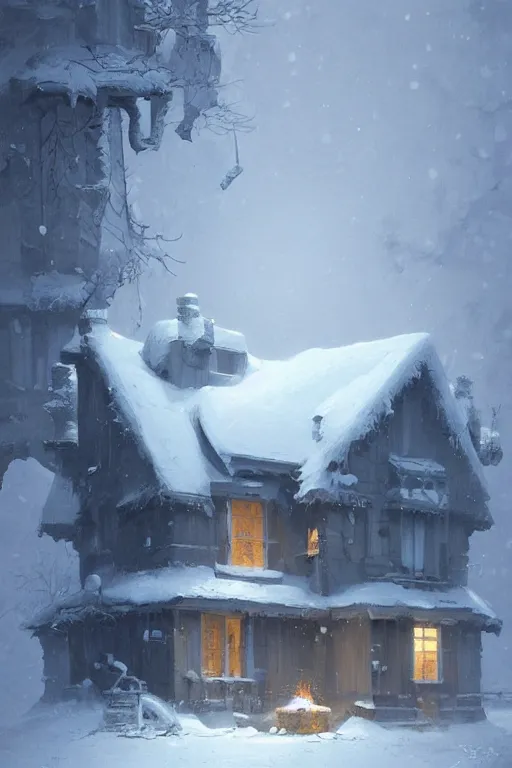 Prompt: snowy cozy home, by philippe gare, artstation, greg rutkowski