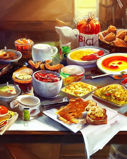 Prompt: a painting of a table full of breakfast foods, concept art by taro yamamoto, pixiv contest winner, auto - destructive art, official art, concept art, pixiv