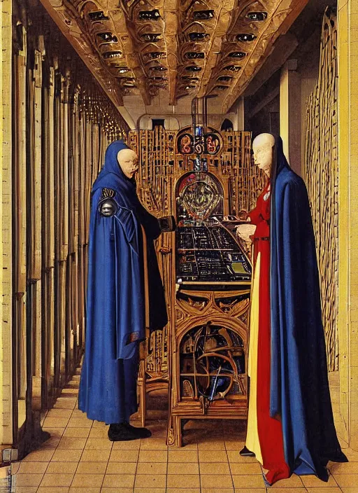 Prompt: a cybernetic priest jacking into the mainframe by Jan van Eyck