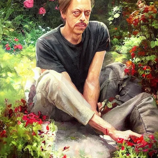 Image similar to steve buscemi sitting in a lovely garden. beautiful painting by raymond swanland, beautiful detailed face.