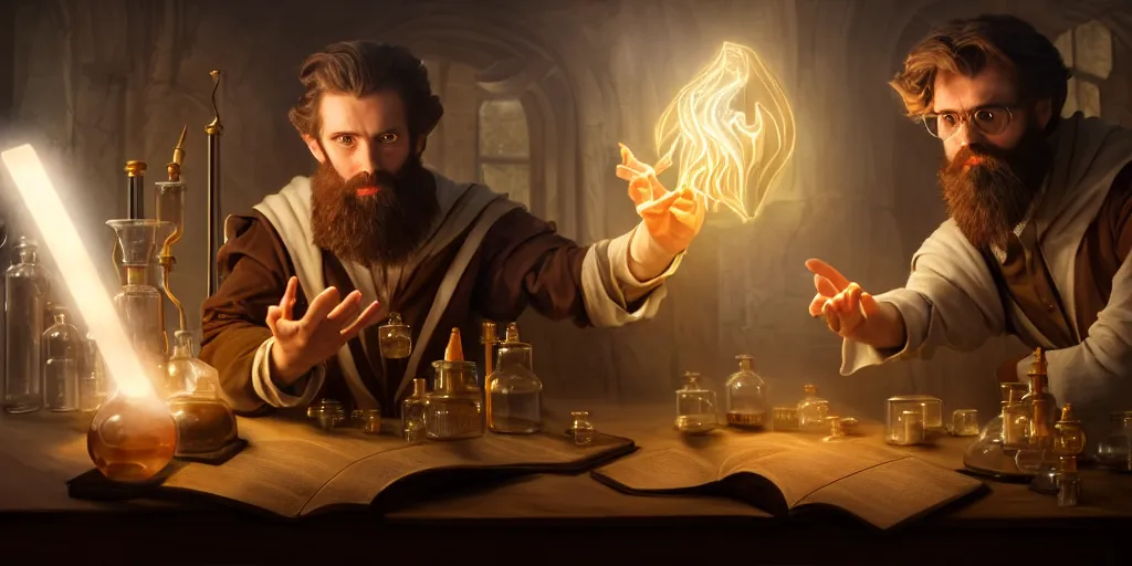 Image similar to a handsome bearded caucasian male sorcerer with brown hair he is casting a spell from a open book on the table, he is in a alchemist lab filled with beakers and equipment, neutral pose, epic composition, 4 k, light rays, super coherent, by dave melvin, dan luvisi and greg rutkowski