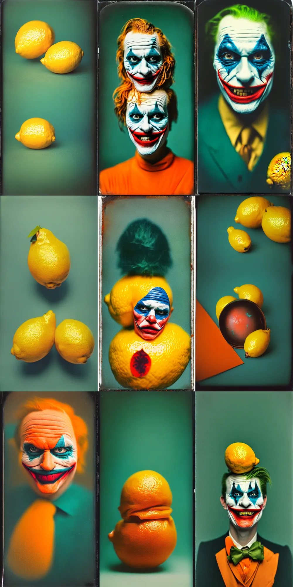 Image similar to kodak portra 4 0 0, wetplate, 8 k, shot of a highly detailed, britt marling style, colour still - life portrait of a lemon looks like 1 9 9 9 joker, teal and orange, muted coloures