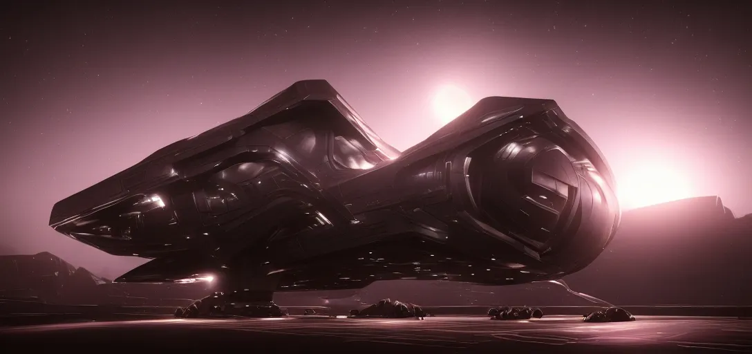 Image similar to dramatic render of exterior of dark futuristic spaceship at night, nebula, ambient occlusion, raytracing, unreal engine, detailed, 3 d artstation by h. r giger and neil blevins