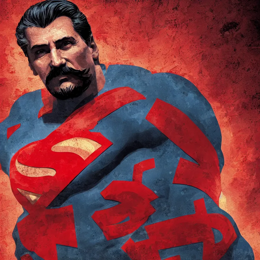 Image similar to stalin as superman, red son, socialist realism, sovietwave aesthetic, hammer and sickles, solitude, groundbreaking, award winning, breathtaking, superb, hyper realistic, detailed picture, intricate digital art, trending artstation, 8 k, unreal 5, octane render, vfx, volumetric lighting, rich moody colors, fan art, concept art