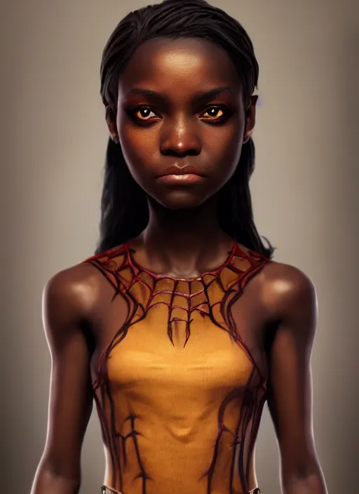 Image similar to An epic fantasy comic book style portrait painting of a short dark skinned girl thief with spidery hair and kind eyes, unreal 5, DAZ, hyperrealistic, octane render, cosplay, RPG portrait, dynamic lighting