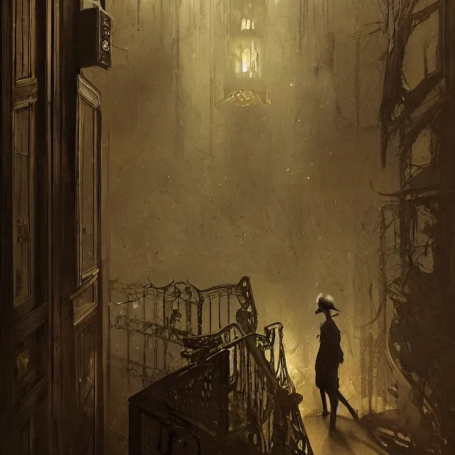 Image similar to ultra - realistic painting gothic 1 9 2 0 s hotel elevator opening up to cosmic horror, atmospheric lighting, brooding, foreboding, by carl spitzweg, ismail inceoglu, vdragan bibin, hans thoma, greg rutkowski, alexandros pyromallis, fine details, realistic shading