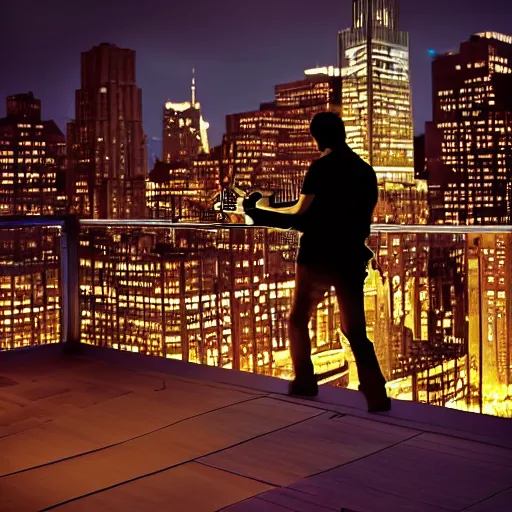 Image similar to a silhouette of a man playing guitar on the roof of a outdoor patio, in new york city, midnight, cinematic shot, cinematic lighting, 8k, nvidia raytracing demo, glow