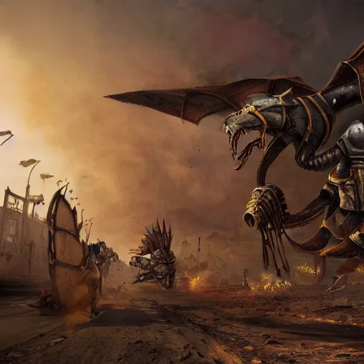 Image similar to warriors on wyverns with steampunk armor flying in a street, warm lighting, destroyed OulanBator, sand, postapocalyptic, photorealism 8k , high details, neat