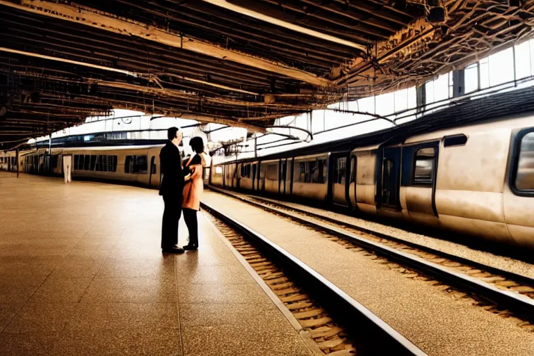 Prompt: vfx movie couple in a train station flat color profile low - key lighting cinematography