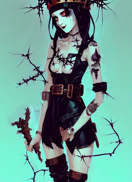 Image similar to cute goth maiden girl with crown of thorns and white short hairs, dressed in leather belts, warhammer, cyberpunk, by atey ghailan, by greg rutkowski, by greg tocchini, by james gilleard, by joe gb fenton, by kaethe butcher, dynamic lighting, gradient light blue, brown, blonde cream and white color in scheme, grunge aesthetic