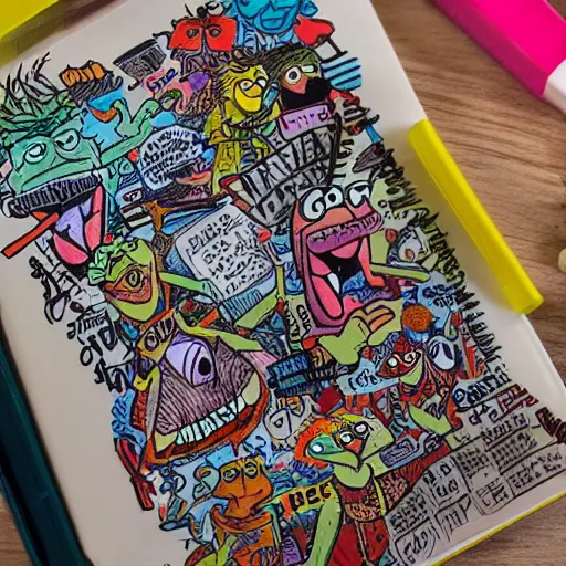 Prompt: notebook lying open on a desk, filled with insane scribbled doodles of muppets, scribbled by a mad scientist