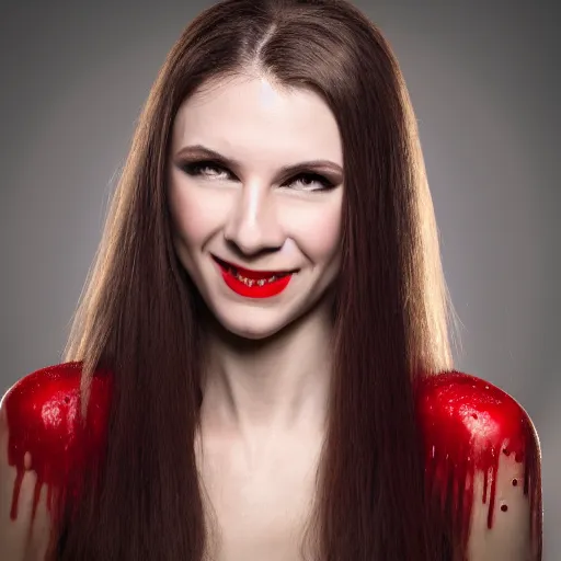 Image similar to professional headshot of an elegant female vampire smiling, the side of her face is sprayed with droplets of blood. high resolution, realistic, professional lighting, nikon camera, 8 k, imdb. com