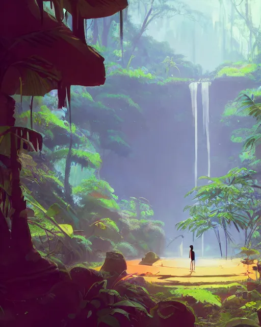 Image similar to forgotten temple, lush vegetation, waterfalls, cory loftis, james gilleard, atey ghailan, makoto shinkai, goro fujita, rim light, exquisite lighting, clear focus, very coherent, plain background, soft painting