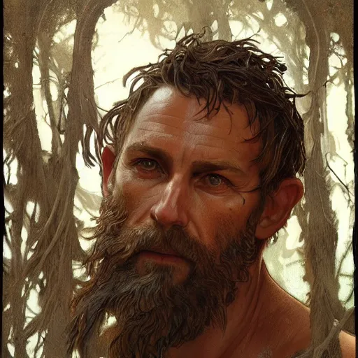 Prompt: portrait of the god of the forest, 40 years old, rugged, male, gorgeous, detailed face, amazing, hairy torso, muscular, intricate, highly detailed, digital painting, artstation, concept art, sharp focus, illustration, art by greg rutkowski and alphonse mucha