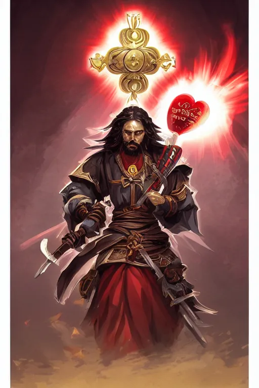 Prompt: A card with description and status of samurai Jesus Christ as a DOTA 2 character holding a Sacred Heart armor and katana, card game, card, trade card game, Artifact Dota2, by Stanley Artgerm Lau, WLOP, Rossdraws, James Jean, Andrei Riabovitchev, Marc Simonetti, Yoshitaka Amano, ArtStation, CGSociety,