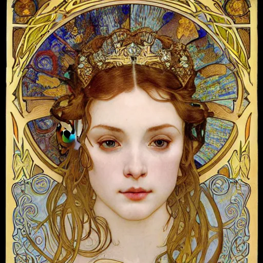 Prompt: realistic detailed face portrait of a beautiful young medieval Queen of Mulberry Trees by Alphonse Mucha, Ayami Kojima, Amano, Greg Hildebrandt, and Mark Brooks, Art Nouveau, Neo-Gothic, gothic