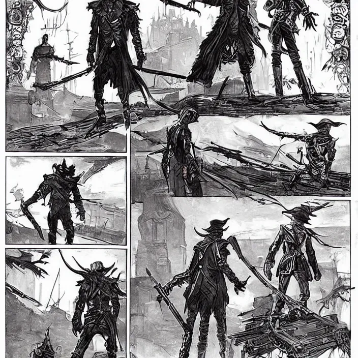 Image similar to a hunter from bloodborne vs robot in yharnam, style by retrofuturism, faded red and yelow, by malcolm smith, old comics in city, nicholas roerich, katinka reinke