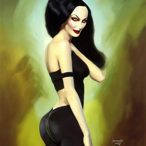 Image similar to greg manchess portrait painting of morticia from addams family as overwatch character, medium shot, asymmetrical, profile picture, organic painting, sunny day, matte painting, bold shapes, hard edges, street art, trending on artstation, by huang guangjian and gil elvgren and greg rutkowski