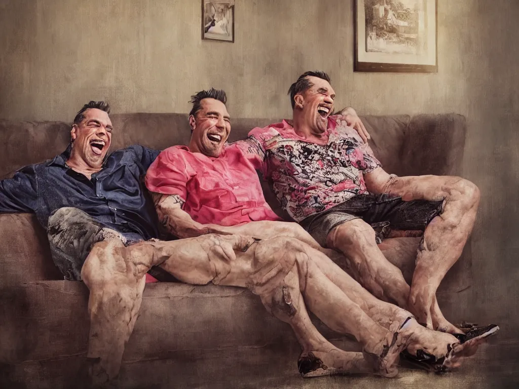 Image similar to extremely detailed digital painting of till lindemann sits on the couch with grandmother both laughing by handoga, stunning scene, 4 k, realism, bright colors, trending on artstation