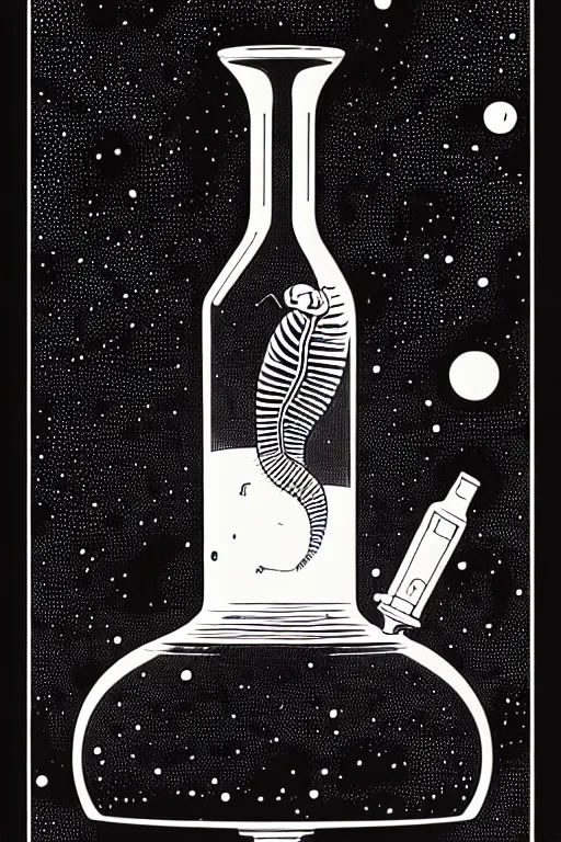 Prompt: an erlenmeyer flask with a caterpillar inside, bold line art, by vincent di fate and joe fenton, inking, etching, screen print, masterpiece, trending on artstation, sharp, high contrast, hyper - detailed, hd, 4 k, 8 k