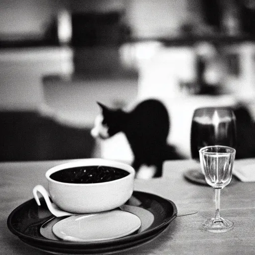 Image similar to dinner for one, but it is with cats, 5 5 mm